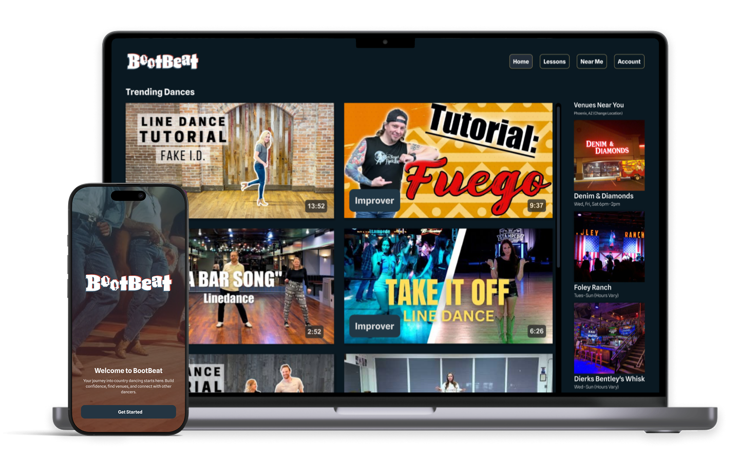 BootBeat country dance app shown on a laptop displaying the tutorial library, with a phone in front showing the same library