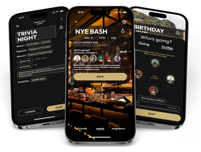 Three angled iPhone screens from the aglow Life events feature, showing Trivia Night, NYE Bash, and Birthday party event invitations