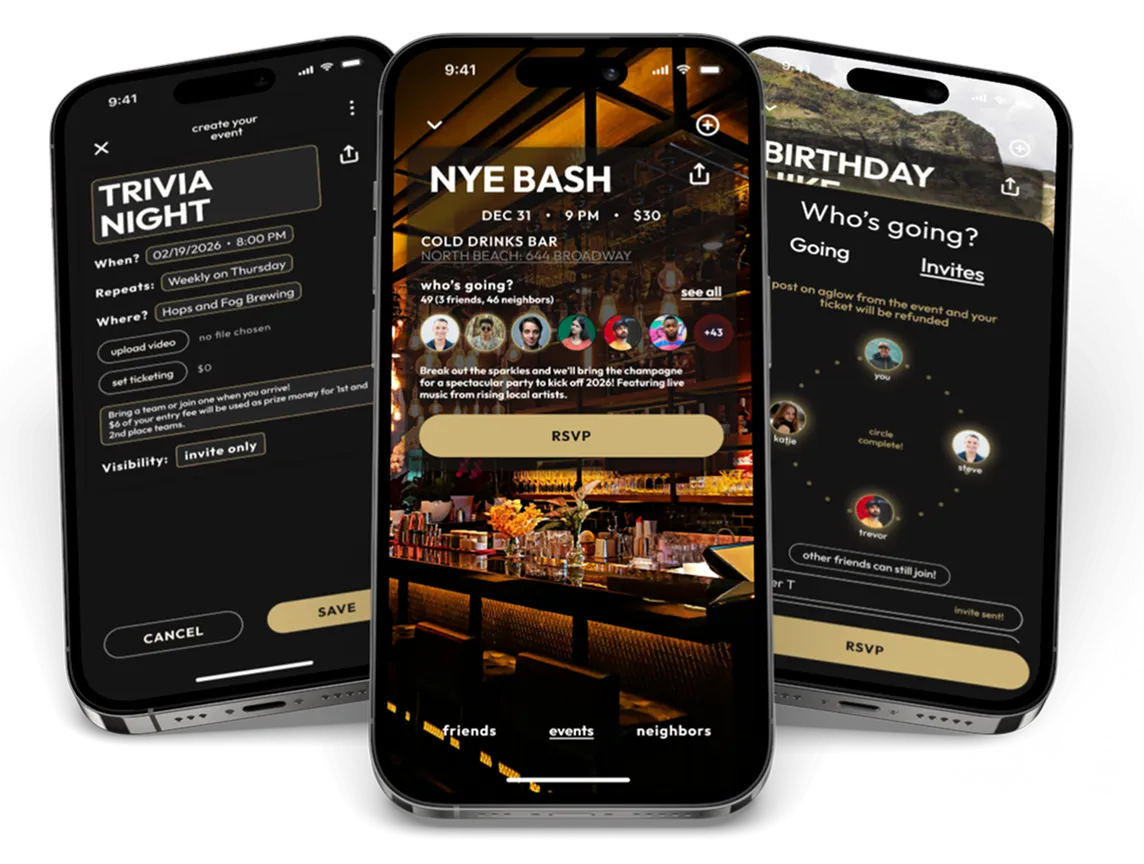 Three angled iPhone screens from the aglow Life events feature, showing Trivia Night, NYE Bash, and Birthday party event invitations