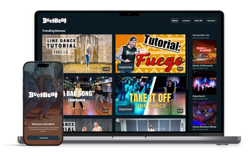 BootBeat dance tutorial library shown on a laptop and a phone, displaying trending dance tutorials including Line Dance Tutorial, Fuego, and Take It Off