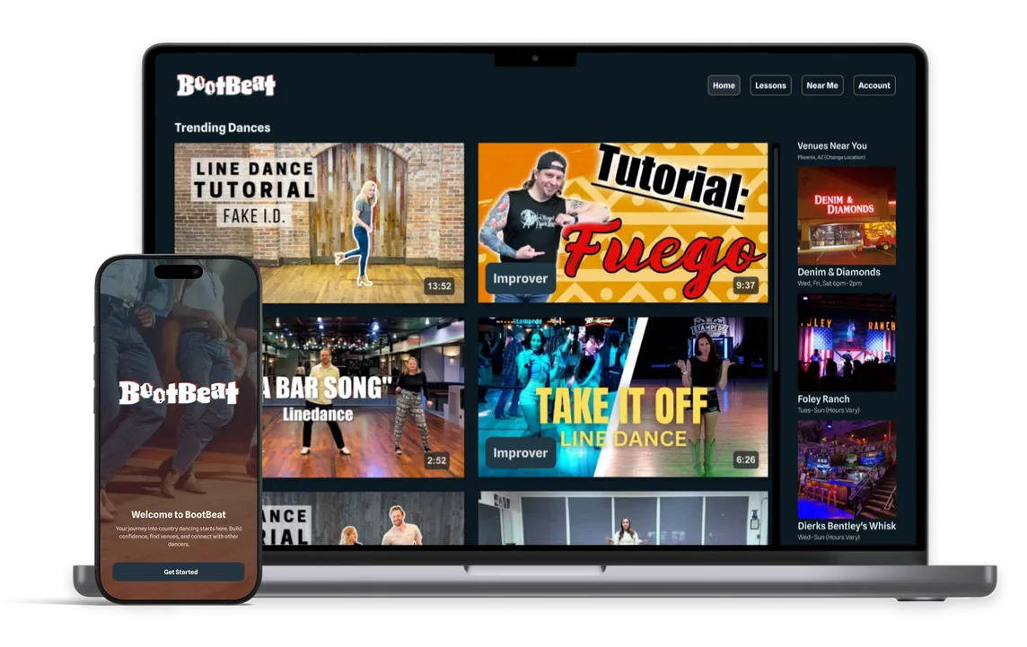 BootBeat country dance app shown on a laptop displaying the tutorial library, with a phone in front showing the same library