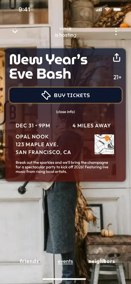 Color design of the New Year’s Eve Bash event screen, showing reduced content, a buy tickets button, and location map