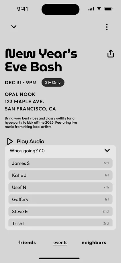 Grey scale design of the New Year’s Eve Bash event screen, showing iterations on layout and an audio sample feature