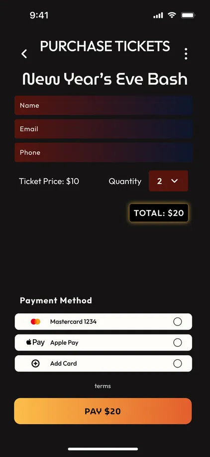 New Year’s Eve Bash ticket screen with input fields and payment options