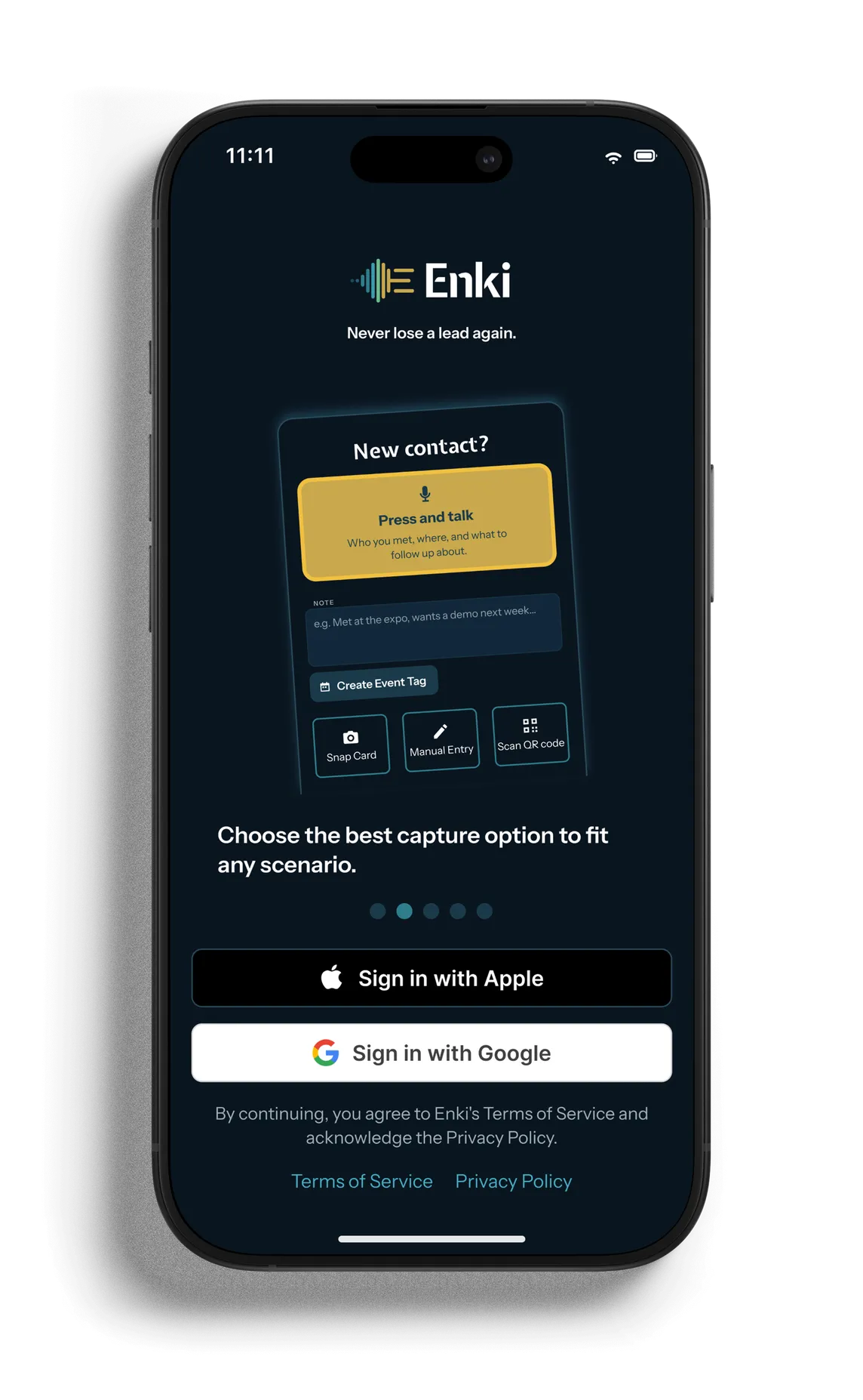iPhone showing the Enki app onboarding screen, offering ways to capture a new contact and sign in with Apple or Google