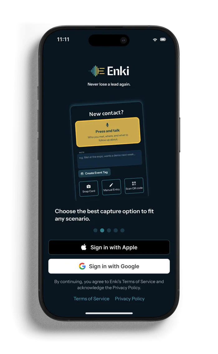 iPhone showing the Enki app onboarding screen, offering ways to capture a new contact and sign in with Apple or Google
