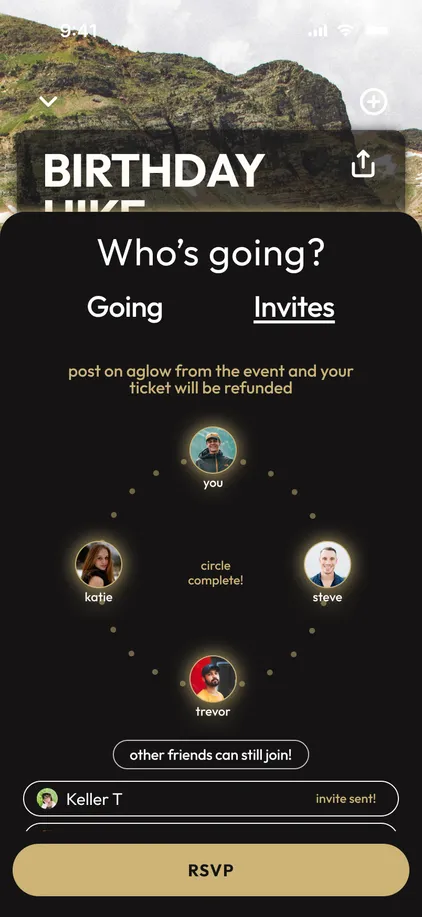 Final design screen of a Birthday event with a who’s going invite list