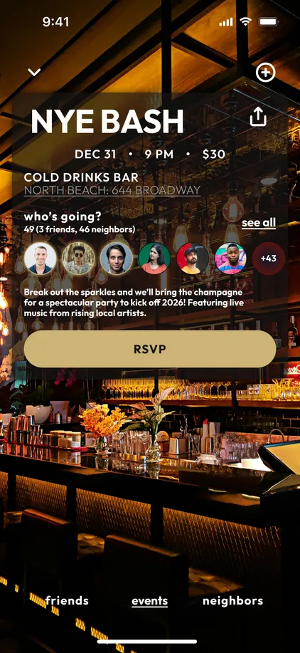 Final design screen of NYE Bash event with tan RSVP button, a Birthday event with a who’s going invite list, and Kellan and Josh’s Jam Session with friend avatars