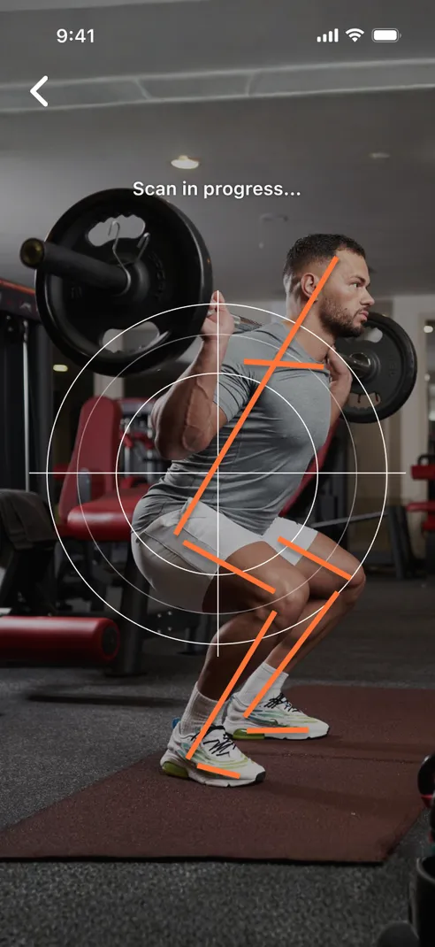 Lift Right scan in progress showing live form tracking on a squat