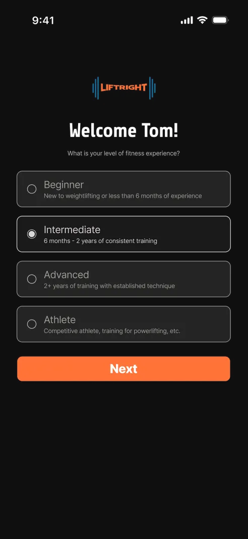 Final Lift Right Welcome screen with fitness level selection in dark mode with options from Beginner to Athlete
