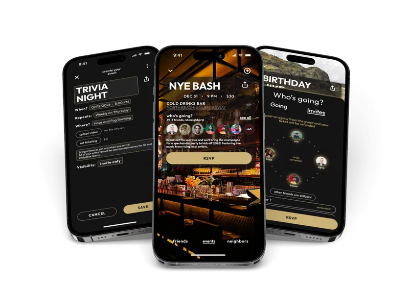 Three iPhone screens showing aglow event invitations: Trivia Night with event details, NYE Bash at a bar with an RSVP button, and a Birthday event with an invite list
