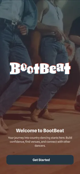 BootBeat Welcome screen with country dance imagery in the background, official BootBeat logo, and a Get Started button