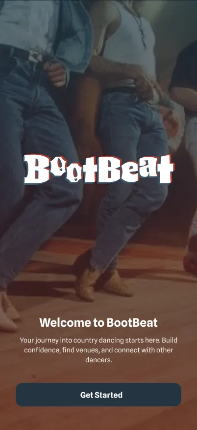 BootBeat Welcome screen with country dance imagery in the background, official BootBeat logo, and a Get Started button