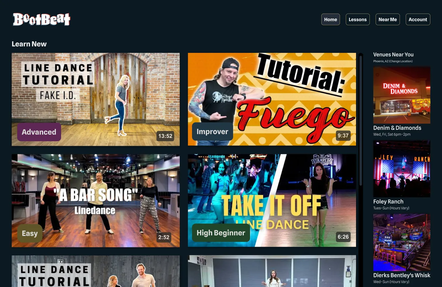 Final BootBeat tutorial library shown on a laptop, with a learn new section, dance tutorial videos, and a venues near you sidebar listing local bars