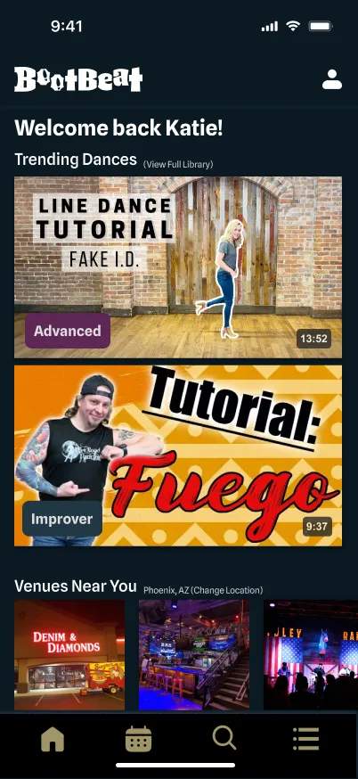 Final BootBeat tutorial library shown on a phone, with a learn new section, dance tutorial videos, and a venues near you list of local bars