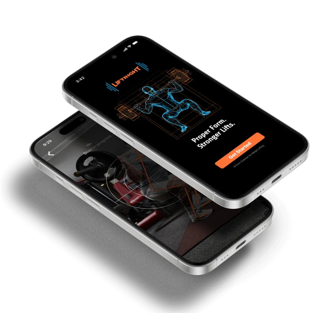 Two iPhone screens of the Lift Right weightlifting app, showing a posture analysis diagram and a Proper Form Stronger Lifts onboarding screen