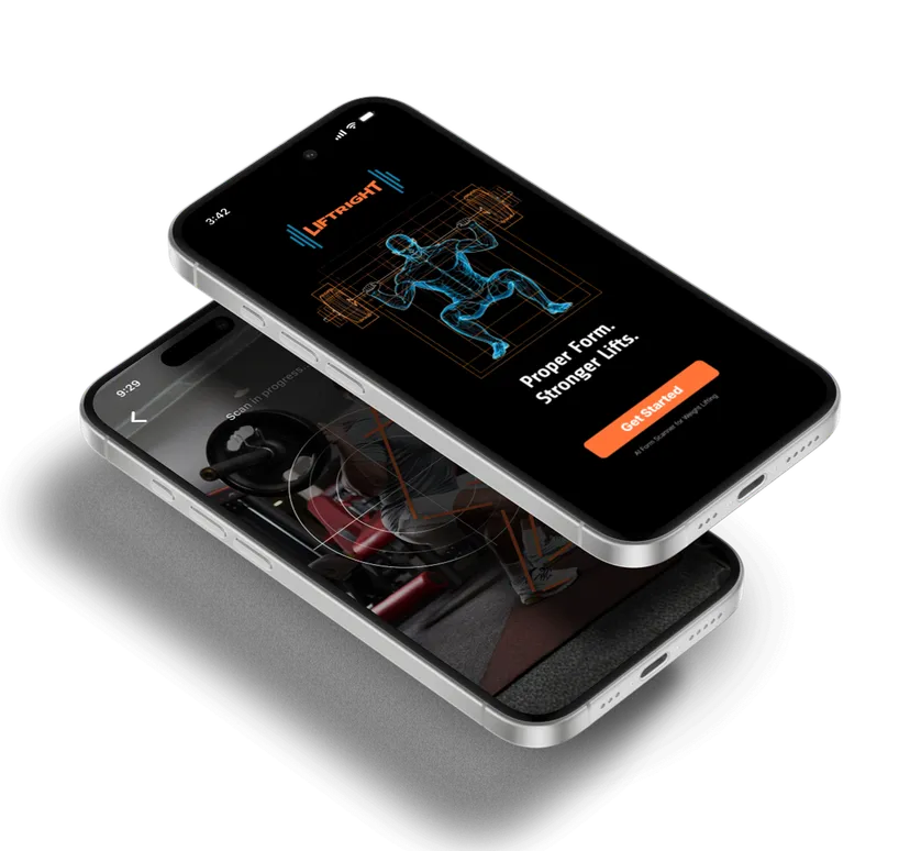 Two iPhone screens of the Lift Right app: a posture analysis diagram showing skeletal tracking points, and a Proper Form Stronger Lifts onboarding screen with a Get Started button