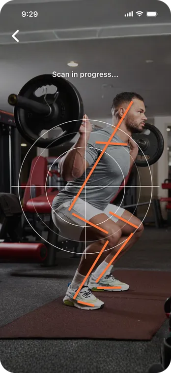 Lift Right scan in progress, showing a man performing a squat with orange skeletal tracking lines overlaid on his body