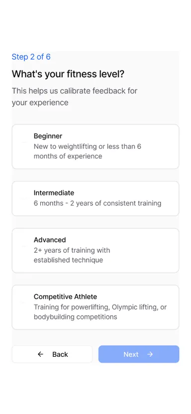 Lift Right onboarding exploration: a fitness level selection screen