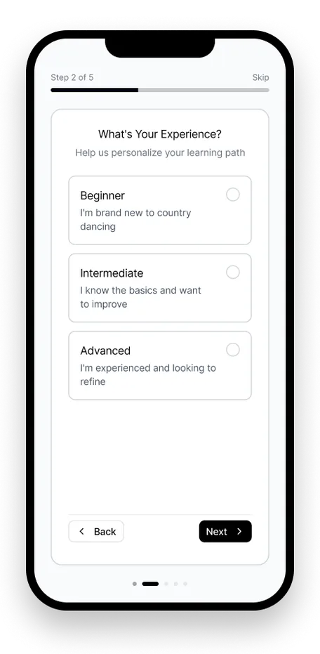 Early BootBeat onboarding wireframe, a single-question personalization screen