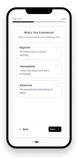 Early BootBeat onboarding wireframe, a single-question personalization screen