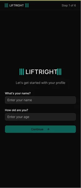 Lift Right onboarding exploration: a sign-up screen in dark mode