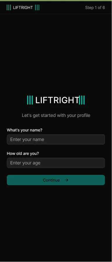 Lift Right onboarding exploration: a sign-up screen in dark mode